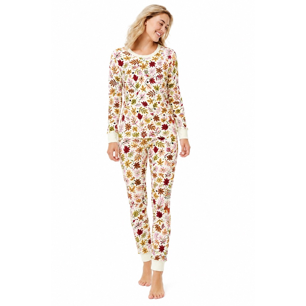 Hanna‎ Andersson Organic Cotton Fall Leaf Pajama Set Women's XS Crean Multi
